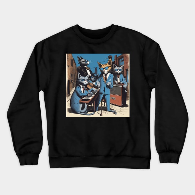 Jeffy and The Alley Cats, a Blues Band from the 1960’s made up of cats, Crewneck Sweatshirt by Musical Art By Andrew